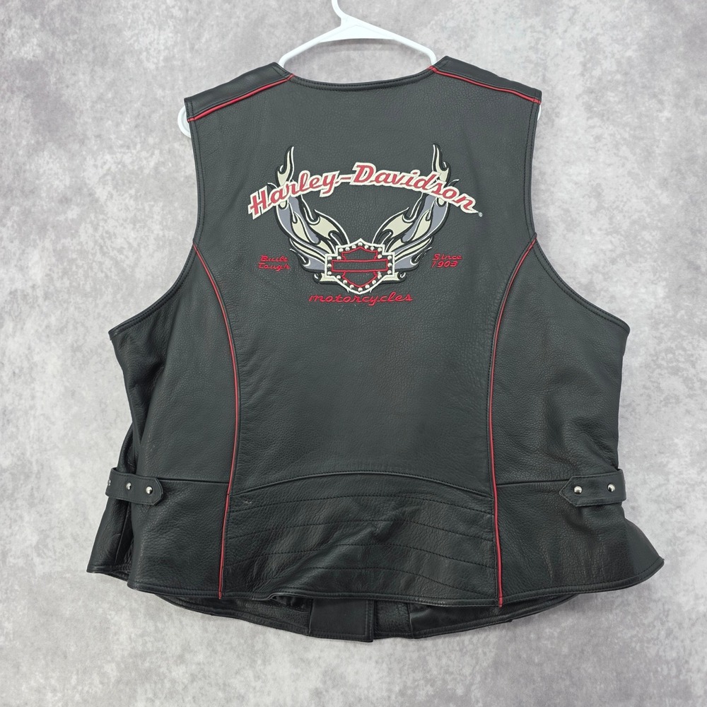 Harley-Davidson Womens Black Leather Motorcycle Vest Red Piping 2W 97127-07VW
